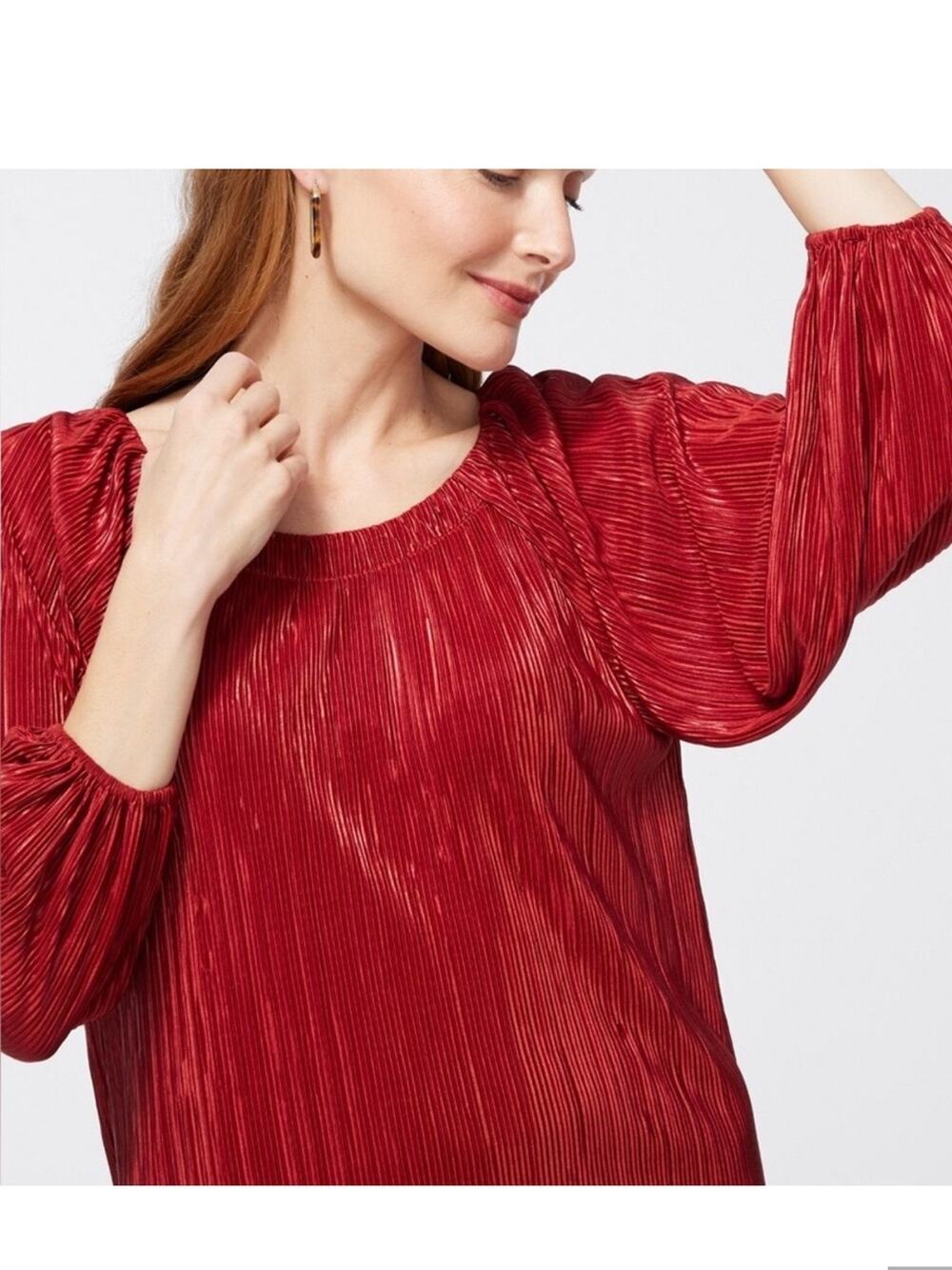 Chico’s | Metallic Crinkle Blouse Top Balloon Sleeves Rust Red XXL